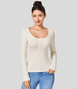 Casual Tops<HALARA Ribbed Henley Neck Long Sleeve Slim Casual Top