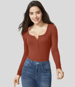 Casual Tops<HALARA Ribbed Henley Neck Long Sleeve Slim Casual Top