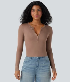 Casual Tops<HALARA Ribbed Henley Neck Long Sleeve Casual Top