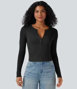 Casual Tops<HALARA Ribbed Henley Neck Long Sleeve Casual Top