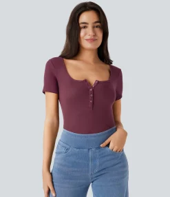 Casual Tops<HALARA Ribbed Henley Neck Short Sleeve Slim Casual Top