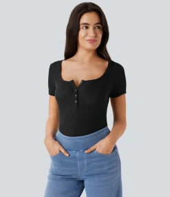 Casual Tops<HALARA Ribbed Henley Neck Short Sleeve Slim Casual Top
