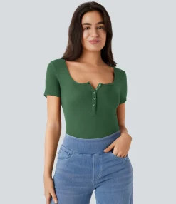 Casual Tops<HALARA Ribbed Henley Neck Short Sleeve Slim Casual Top