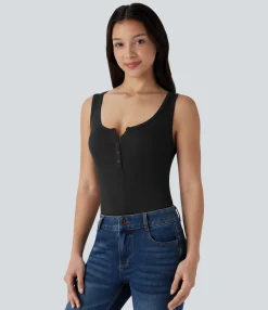 Casual Tops|Tank Tops & Camis<HALARA Ribbed Henley Neck Slim Casual Tank Top