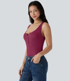 Casual Tops|Tank Tops & Camis<HALARA Ribbed Henley Neck Slim Casual Tank Top