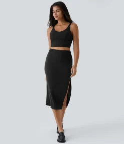 Maxi & Midi Skirts|Casual Skirts<HALARA Ribbed High Waisted Bodycon Midi Casual Skirt
