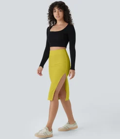 Maxi & Midi Skirts|Casual Skirts<HALARA Ribbed High Waisted Bodycon Midi Casual Skirt