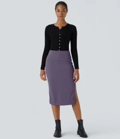 Maxi & Midi Skirts|Casual Skirts<HALARA Ribbed High Waisted Bodycon Midi Casual Skirt