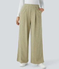 High-Waisted Pants|Wide-Leg Pants<HALARA Ribbed High Waisted Pocket Wide Leg Casual Pants