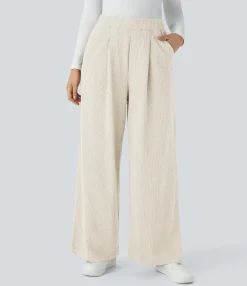 High-Waisted Pants|Wide-Leg Pants<HALARA Ribbed High Waisted Pocket Wide Leg Casual Pants