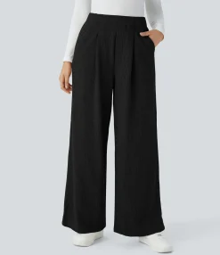 High-Waisted Pants|Wide-Leg Pants<HALARA Ribbed High Waisted Pocket Wide Leg Casual Pants