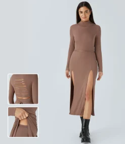 Maxi & Midi Dresses|Dresses<HALARA Ribbed Hooded High Neck Long Sleeve Cut Out Tie Back 2-Piece Midi Casual Dress