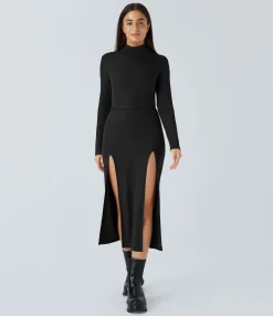 Maxi & Midi Dresses|Dresses<HALARA Ribbed Hooded High Neck Long Sleeve Cut Out Tie Back 2-Piece Midi Casual Dress