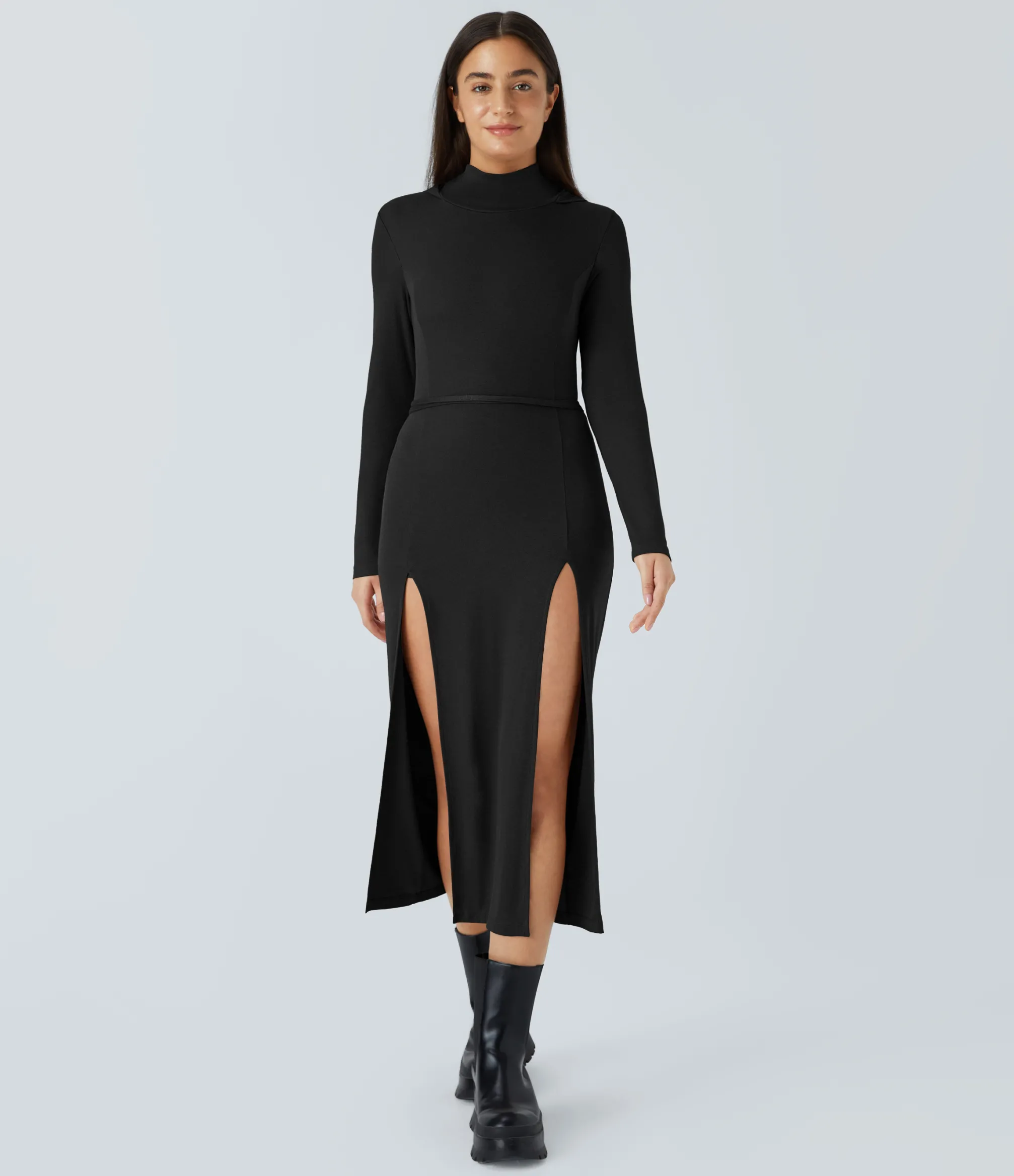 Maxi & Midi Dresses|Dresses<HALARA Ribbed Hooded High Neck Long Sleeve Cut Out Tie Back 2-Piece Midi Casual Dress