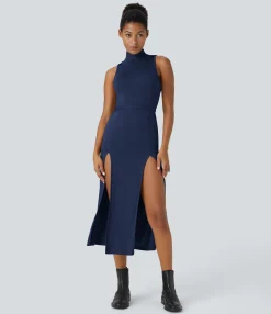 Maxi & Midi Dresses|Dresses<HALARA Ribbed Hooded High Neck Sleeveless Cut Out Tie Back 2-Piece Midi Casual Dress