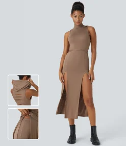 Maxi & Midi Dresses|Dresses<HALARA Ribbed Hooded High Neck Sleeveless Cut Out Tie Back 2-Piece Midi Casual Dress