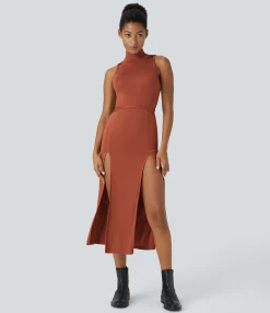 Maxi & Midi Dresses|Dresses<HALARA Ribbed Hooded High Neck Sleeveless Cut Out Tie Back 2-Piece Midi Casual Dress