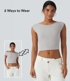 Casual Tops<HALARA Ribbed Knit Boat Neck Short Sleeve Cropped Casual Top