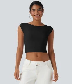 Casual Tops<HALARA Ribbed Knit Boat Neck Short Sleeve Cropped Casual Top