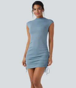 Bodycon Dresses|Mini Dresses<HALARA Ribbed Knit Cap Sleeve Drawstring Bodycon Mini Casual Dress