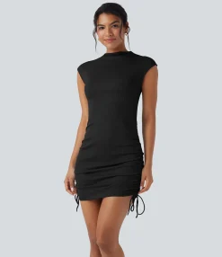 Bodycon Dresses|Mini Dresses<HALARA Ribbed Knit Cap Sleeve Drawstring Bodycon Mini Casual Dress
