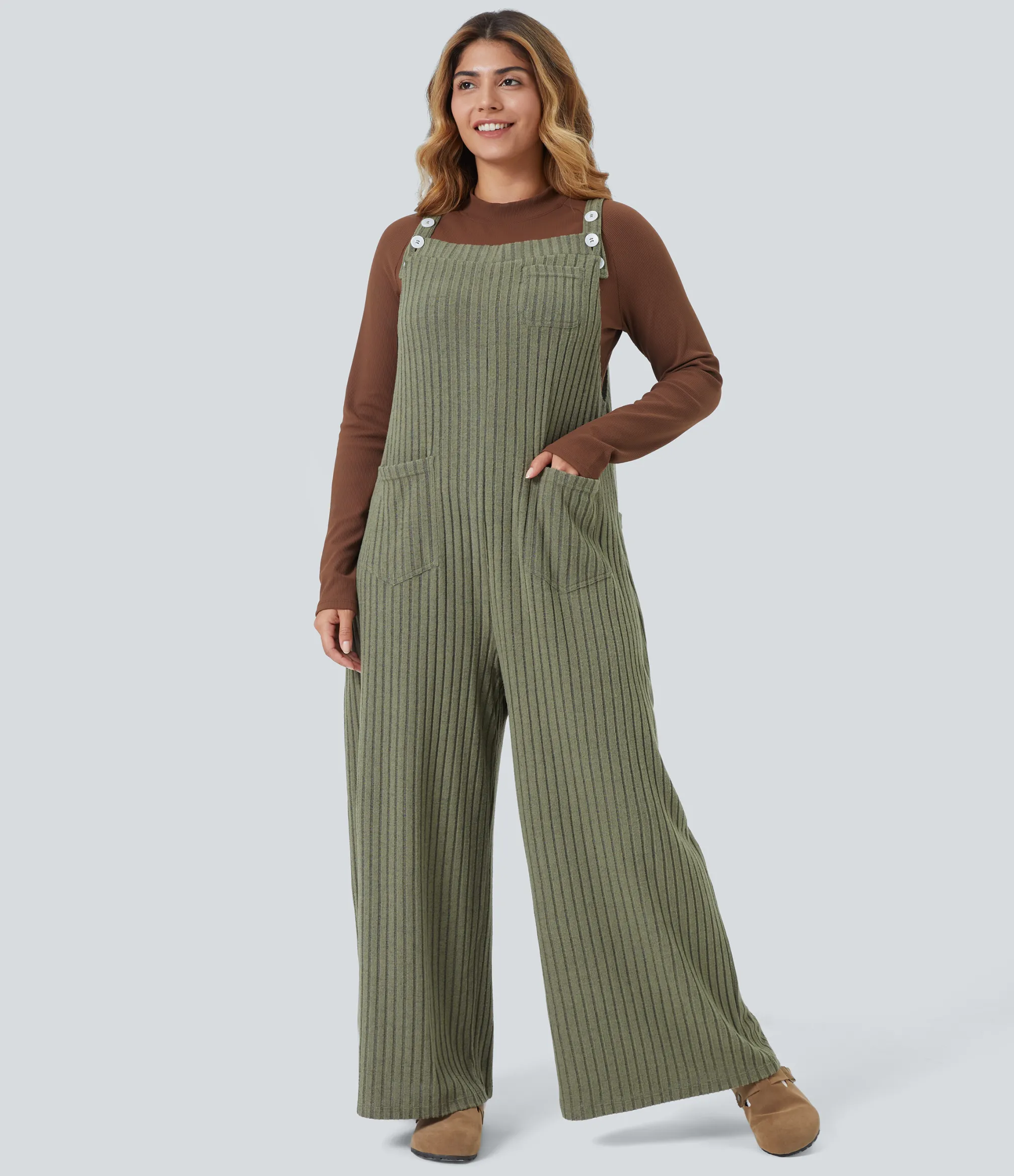 Plus Size<HALARA Ribbed Knit Casual Plus Size Overalls with Pockets