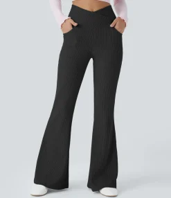 High-Waisted Pants|Skinny Pants<HALARA Ribbed Knit Crossover High Waisted Pocket Casual Flare Pants