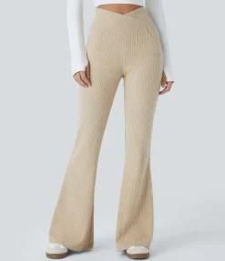 High-Waisted Pants|Skinny Pants<HALARA Ribbed Knit Crossover High Waisted Pocket Casual Flare Pants