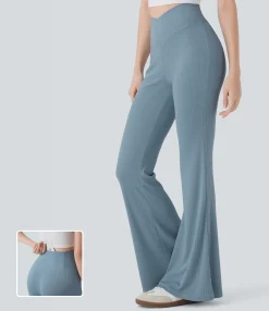 High-Waisted Pants|Flare Pants<HALARA Ribbed Knit Crossover High Waisted Casual Flare Pants with Pocket