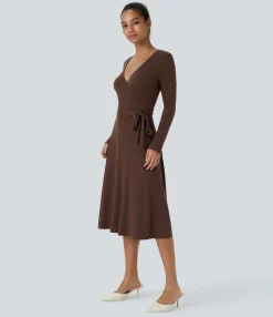 Maxi & Midi Dresses|Dresses<HALARA Ribbed Knit Crossover V Neck Long Sleeve Belted Midi Work Dress