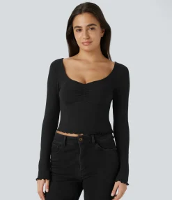 Casual Tops|Sports Tops<HALARA Ribbed Knit Frill Ruched Long Sleeve Cropped Casual Sports Top