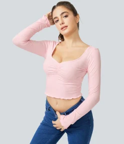 Casual Tops|Sports Tops<HALARA Ribbed Knit Frill Ruched Long Sleeve Cropped Casual Sports Top