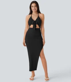 Dresses|Maxi & Midi Dresses<HALARA Ribbed Knit Halter Tie Front Cut Out Ruched Maxi Dress
