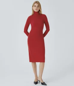 Dresses|Maxi & Midi Dresses<HALARA Ribbed Knit High Collar Long Sleeve Midi Slim Work Dress