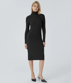 Dresses|Maxi & Midi Dresses<HALARA Ribbed Knit High Collar Long Sleeve Midi Slim Work Dress
