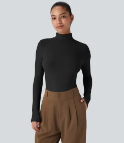 Casual Tops|Work Tops<HALARA Ribbed Knit High Collar Long Sleeve Casual Top