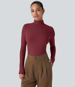 Casual Tops|Work Tops<HALARA Ribbed Knit High Collar Long Sleeve Casual Top
