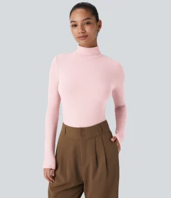 Casual Tops|Work Tops<HALARA Ribbed Knit High Collar Long Sleeve Casual Top