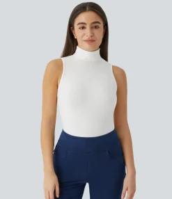 Casual Tops|T-Shirts<HALARA Ribbed Knit High Collar Sleeveless Casual T-Shirt