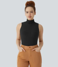 Casual Tops|T-Shirts<HALARA Ribbed Knit High Collar Sleeveless Casual T-Shirt