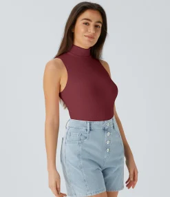 Casual Tops|T-Shirts<HALARA Ribbed Knit High Collar Sleeveless Casual T-Shirt