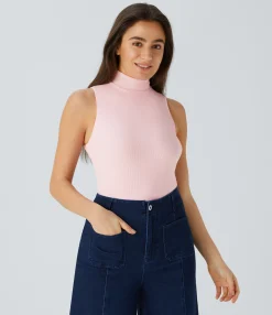 Casual Tops|T-Shirts<HALARA Ribbed Knit High Collar Sleeveless Casual T-Shirt