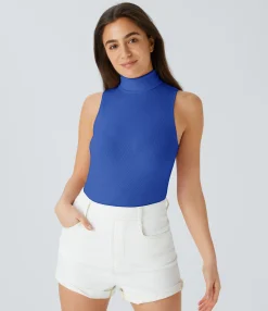 Casual Tops|T-Shirts<HALARA Ribbed Knit High Collar Sleeveless Casual T-Shirt