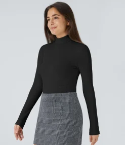 Work Tops|Bodysuits<HALARA Ribbed Knit High Neck Long Sleeve Work Bodysuit