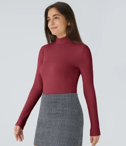Work Tops|Bodysuits<HALARA Ribbed Knit High Neck Long Sleeve Work Bodysuit
