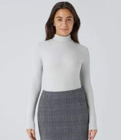Work Tops|Bodysuits<HALARA Ribbed Knit High Neck Long Sleeve Work Bodysuit