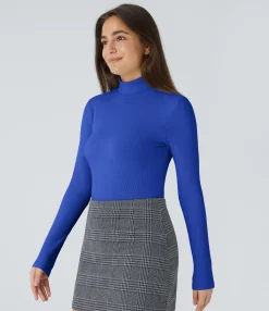 Work Tops|Bodysuits<HALARA Ribbed Knit High Neck Long Sleeve Work Bodysuit
