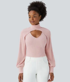Sweaters<HALARA Ribbed Knit High Neck Long Sleeve Cut Out 2-Piece Casual Sweater