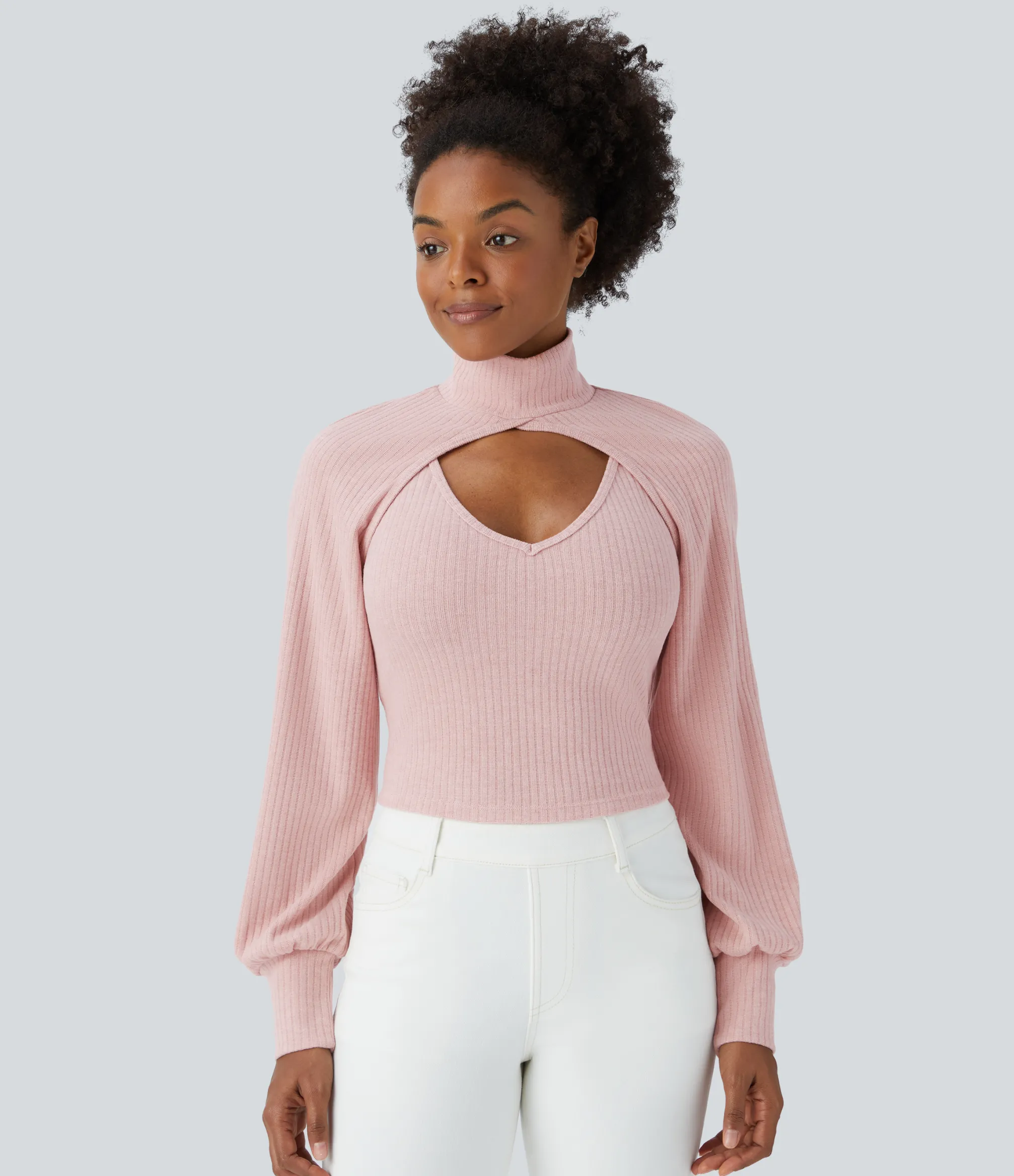 Sweaters<HALARA Ribbed Knit High Neck Long Sleeve Cut Out 2-Piece Casual Sweater