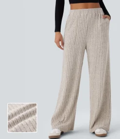 High-Waisted Pants|Wide-Leg Pants<HALARA Ribbed Knit High Waisted Pockets Wide Leg Casual Pants